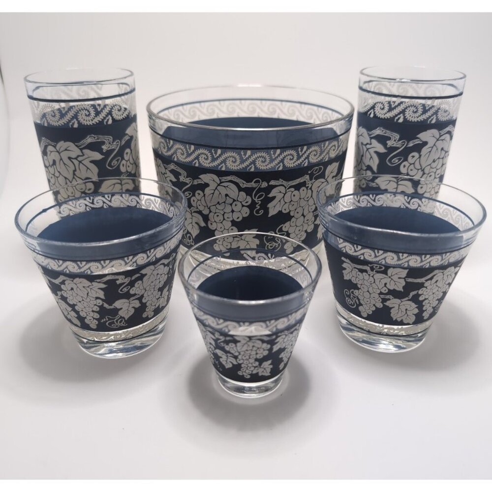 Hazel Atlas 1960s Blue Grape Pattern Glassware Cocktail Barware Vintage Set of 6